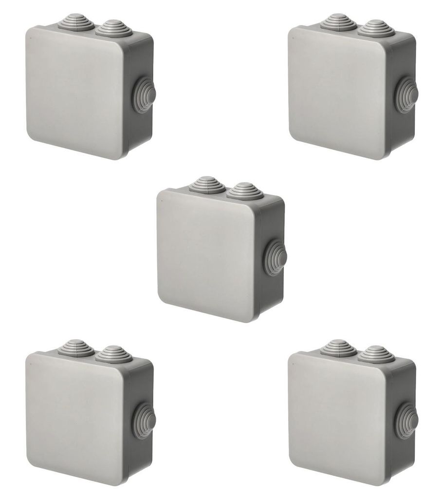 5x Aufputz-Abzweigdose IP-geschützt mit Kabelverschraubungen, Deckel zum Klicken, 94x94x47mm, IP55, grau, EDO777770, EDO Technic