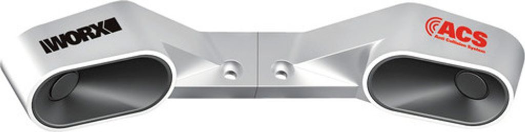 A product shot of a silver collision sensor module with black and red branding.