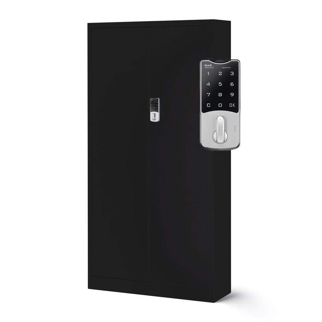 A black metal filing cabinet with a digital lock attached to the right door.