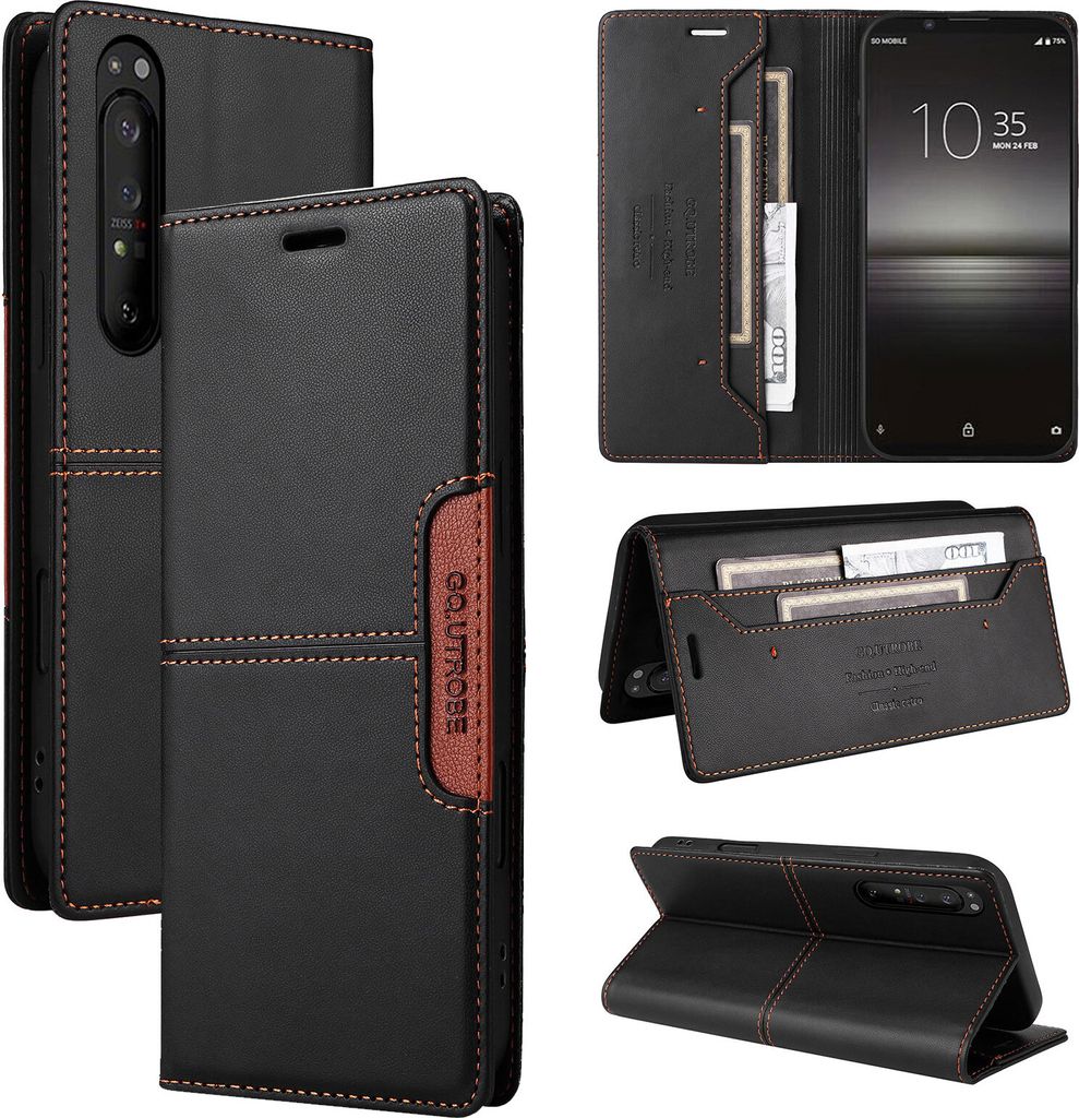 Handyhülle für Sony Xperia 1 II Hülle, Leder Flip Wallet Kartenfach Stand Schutzhülle Schwarz