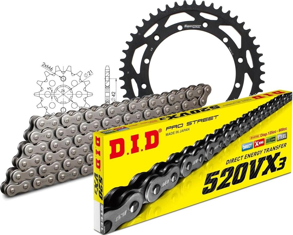 DID Kit Stahl Kompatibel mit Yamaha WR250 89-90/WR250 97-97/WR250 ... 14-49-114 DID520VX3 Endlos