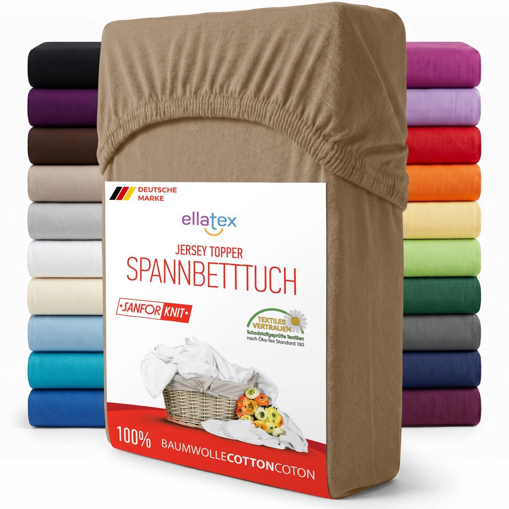 EllaTex Jersey Topper Spannbettlaken 140x200–160x200 Baumwolle – weich & atmungsaktiv, Spannbetttuch für Topper 7–12 cm, in Farbe: Beige