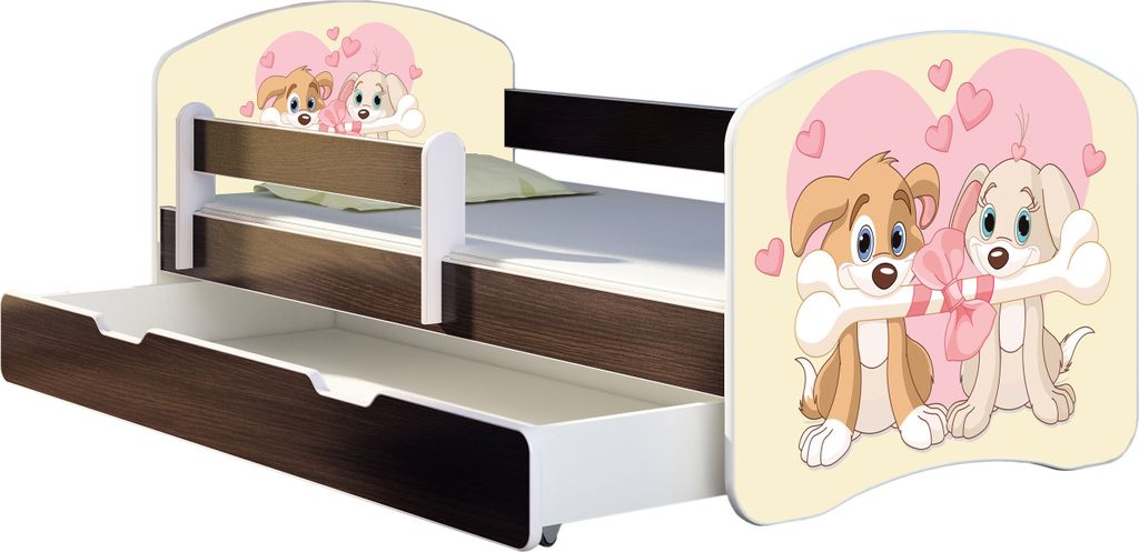 ACMA Jugendbett Kinderbett Junior-Bett Komplett-Set mit Matratze Lattenrost und Rausfallschutz Wenge 12 Welpen 140x70 + Bettkasten