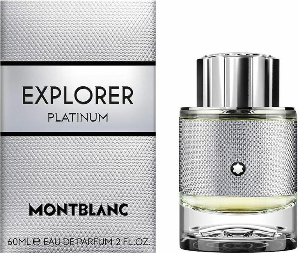 A product shot of Mont Blanc Explorer Platinum Eau de Parfum for men, shown next to its packaging.