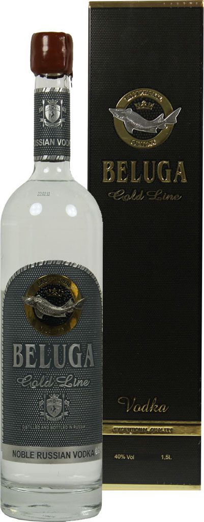 A bottle of Beluga Gold Line Noble Vodka and its packaging.