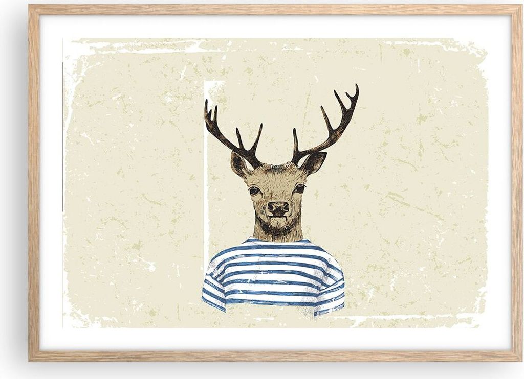 Gerahmtes Poster - Rahmen in heller Eiche - Hipster Anthropomorphismus Hirsch - 70x50 cm - Wand Bild - Wanddeko - Wandbilder - Wandposter - Bilderr...