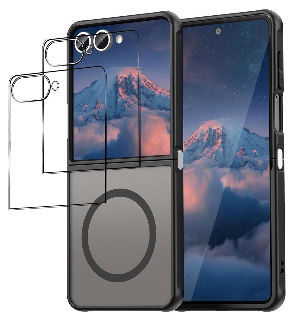 A product shot of a phone case and screen protectors for a Samsung Galaxy Z Flip.