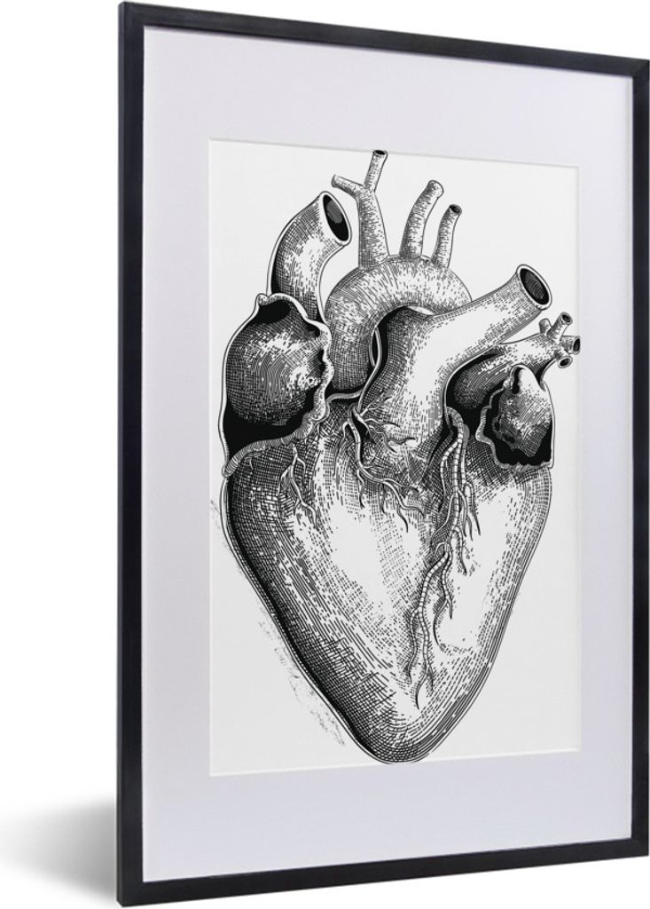 MuchoWow Gerahmtes Poster Eine schwarz-weiße Illustration eines Herzens 40x60 cm - Poster mit Schwarzem Bilderrahmen Wandposter Rahmen Foto Bild...