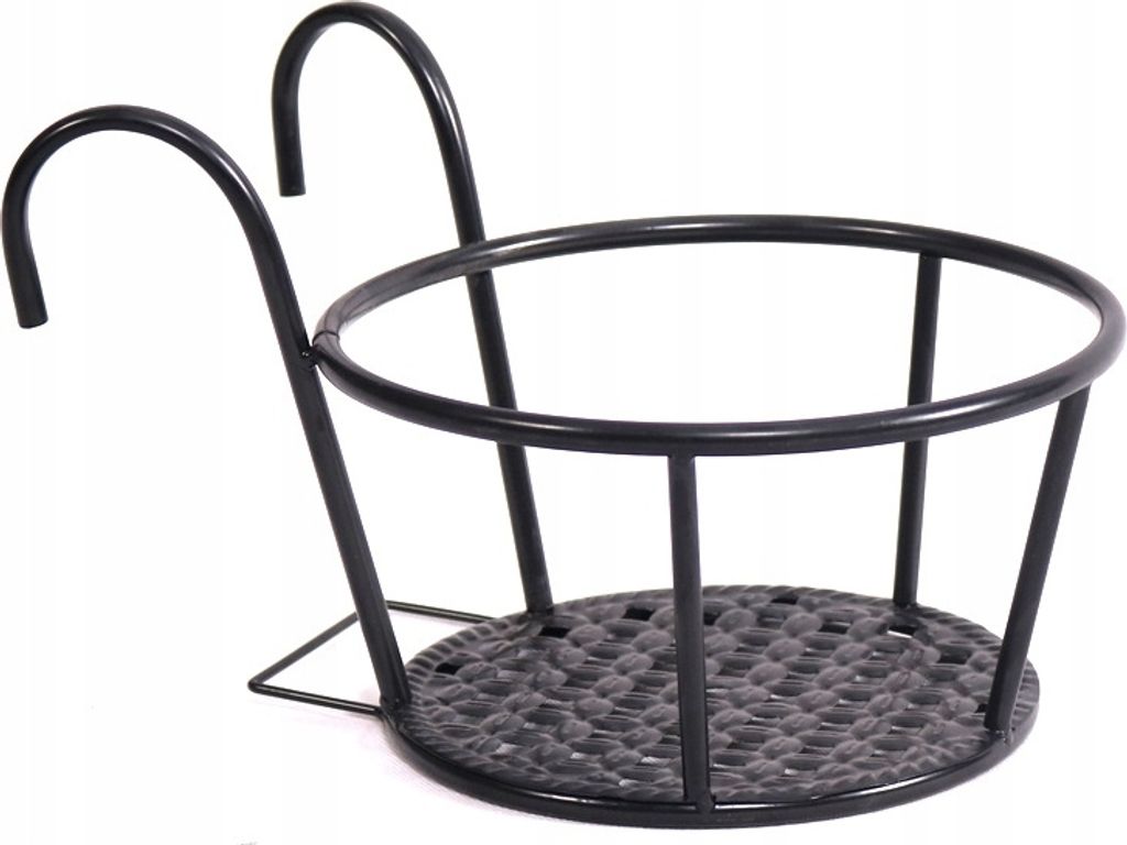 A black metal hanging planter basket with a woven-like base, shown against a white background.