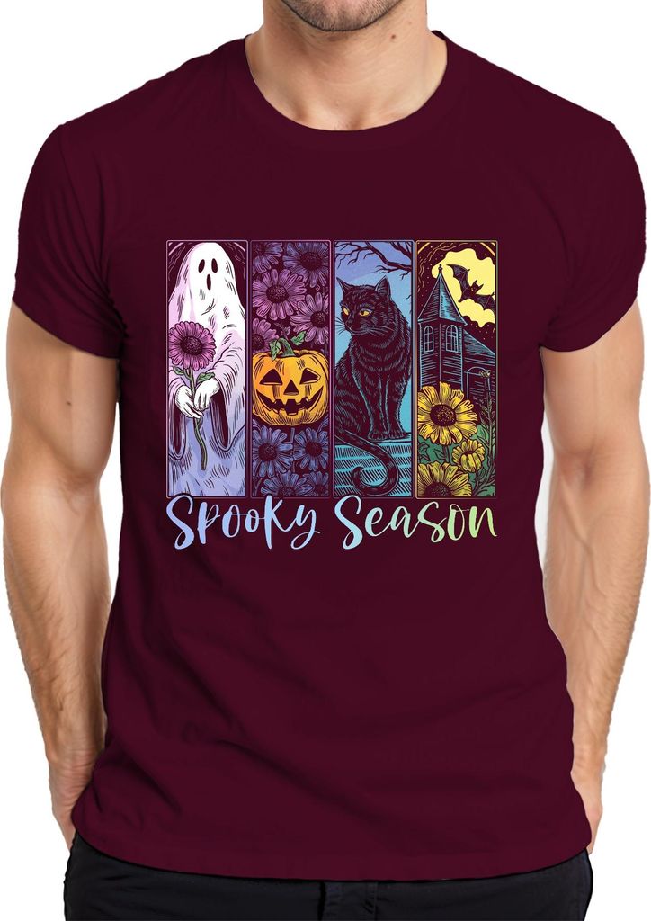 Spooky Season Halloween Kürbis Schwarze Katze Geist Herbst Grusel Herren T-Shirt, Burgundy, L