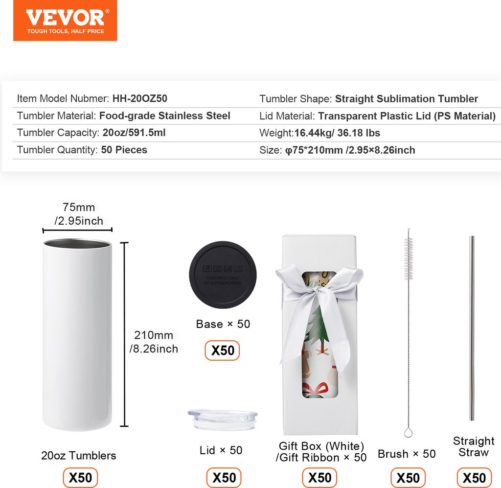 VEVOR 50-pack rovný sublimačný hrnček, prázdny hrnček s Obrázok produktu 7