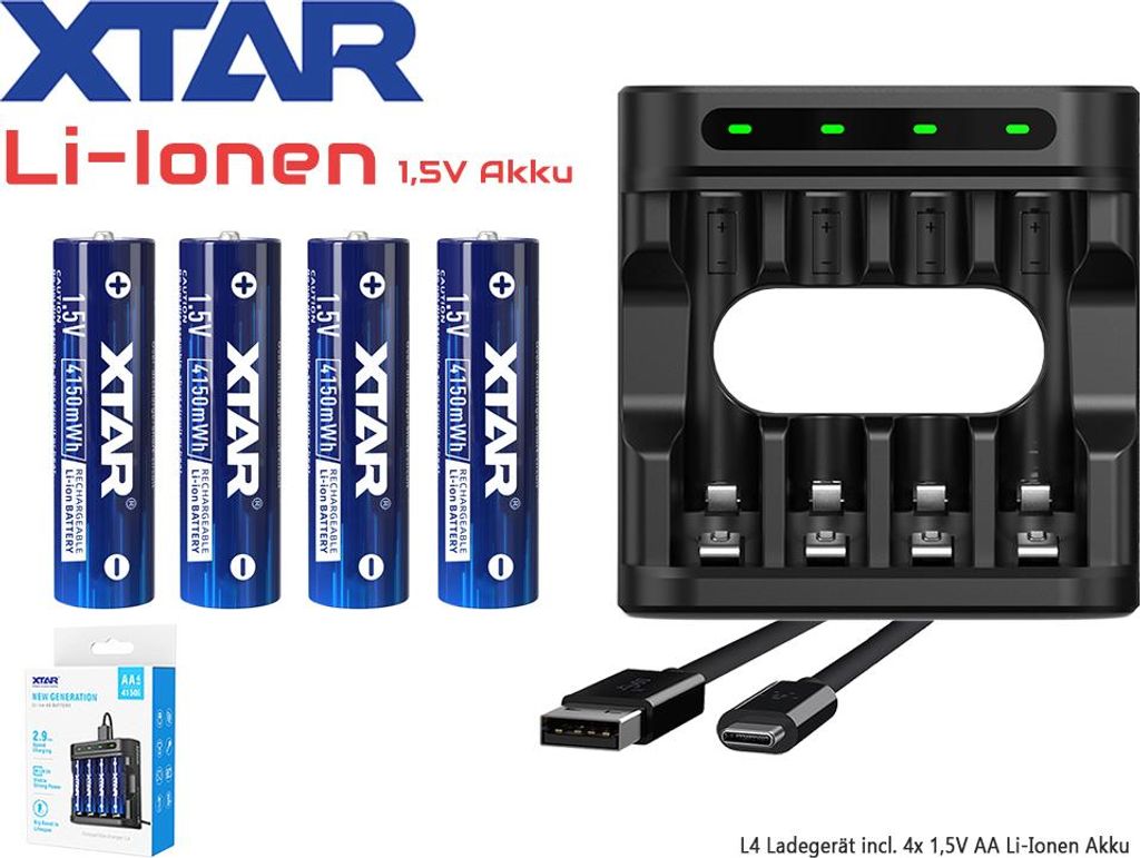 Xtar L4 – Ladegerät, incl. 4x AA (Mignon) LR6 1,5V Li-Ion Akkus mit Akku-Wechselanzeige