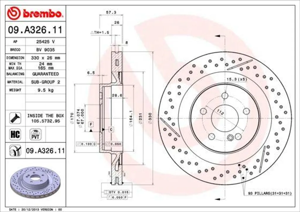Disque de frein ventilé Brembo 09.A326.11 compatible Mercedes W204 S204
