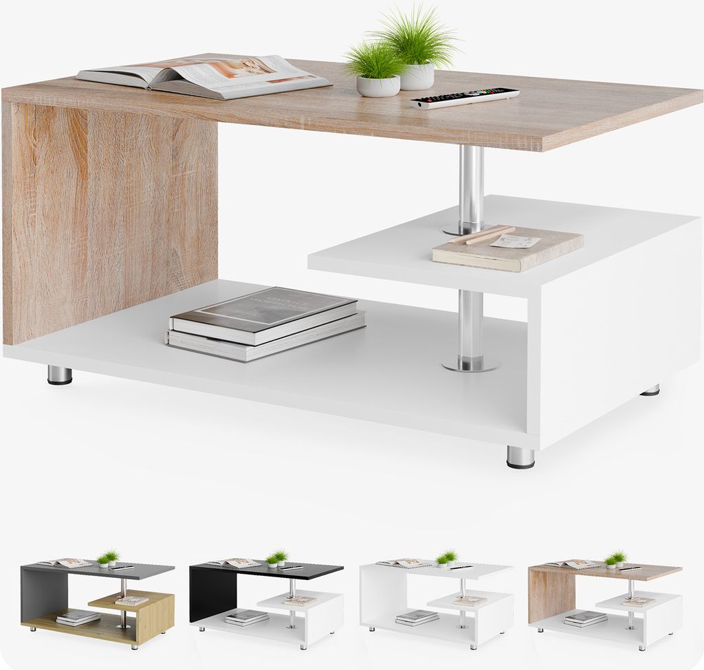 CASARIA Couchtisch Weiß Eiche Holz mit Stauraum 95x55cm Edelstahl Füße Höhenverstellbar Ablage Modern Rechteckig Beistelltisch Wohnzimmer Tis...
