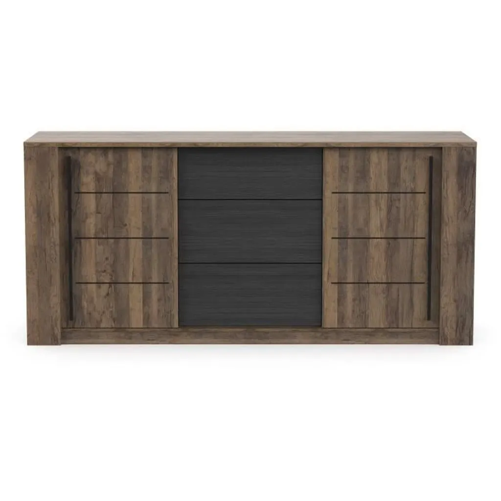 CALICOSY MALA Enfilade 3 tiroirs et 2 portes coulissantes L206 cm Chêne
