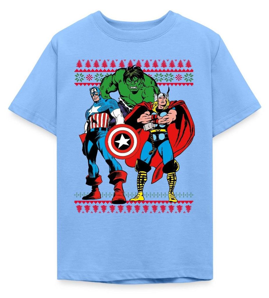 Spreadshirt Avengers Superhelden Ugly Christmas Teenager T-Shirt, 152/164 (12-14 Jahre), Himmelblau