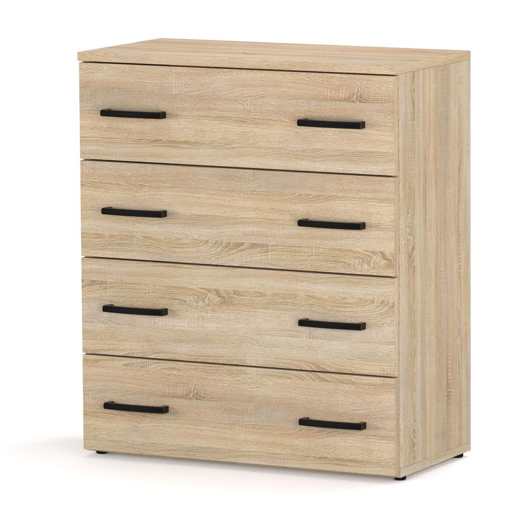 A modern, light wood-tone chest of drawers with black handles against a white background.