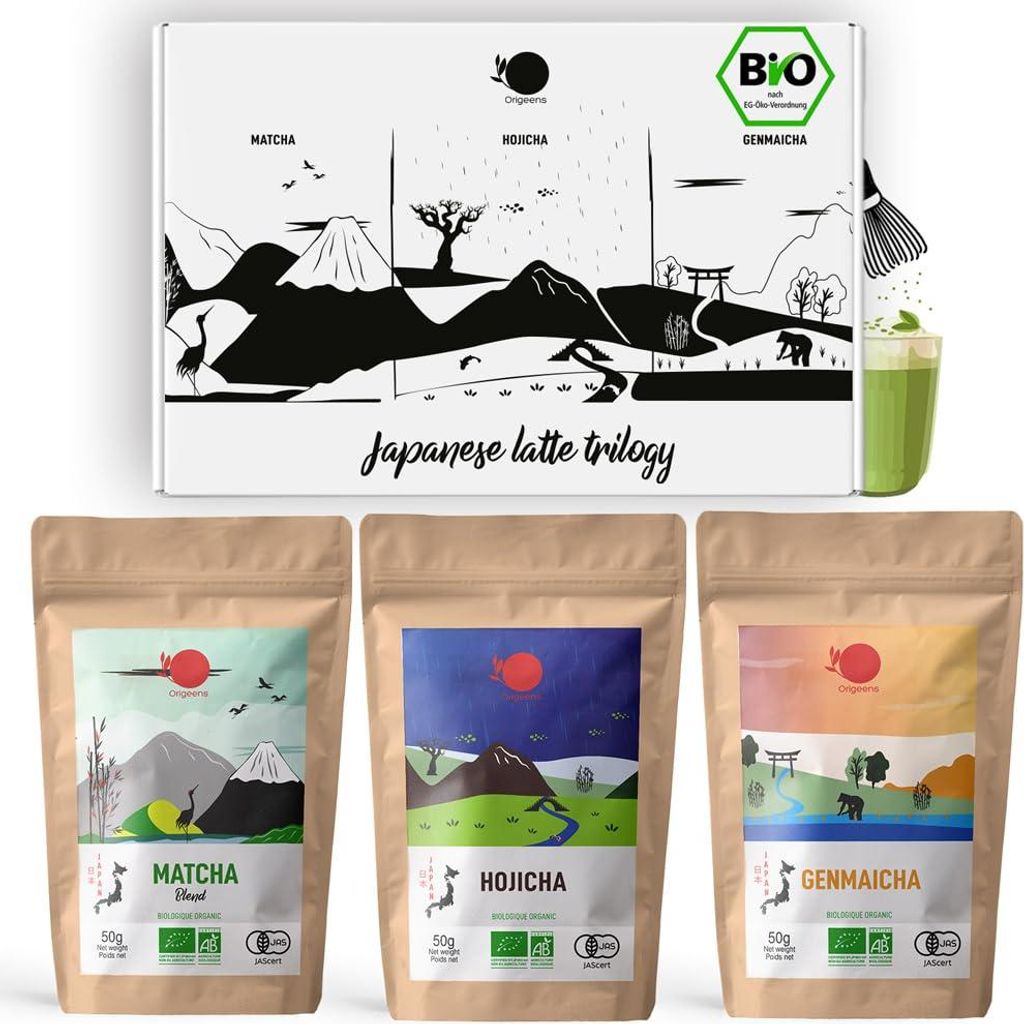 MATCHA LATTE TRILOGIE SET - Matcha Hojicha Genmaicha Tee Pulverform - 3 * 50g Matcha Latte Tee - Matcha Hojicha Genmaicha.