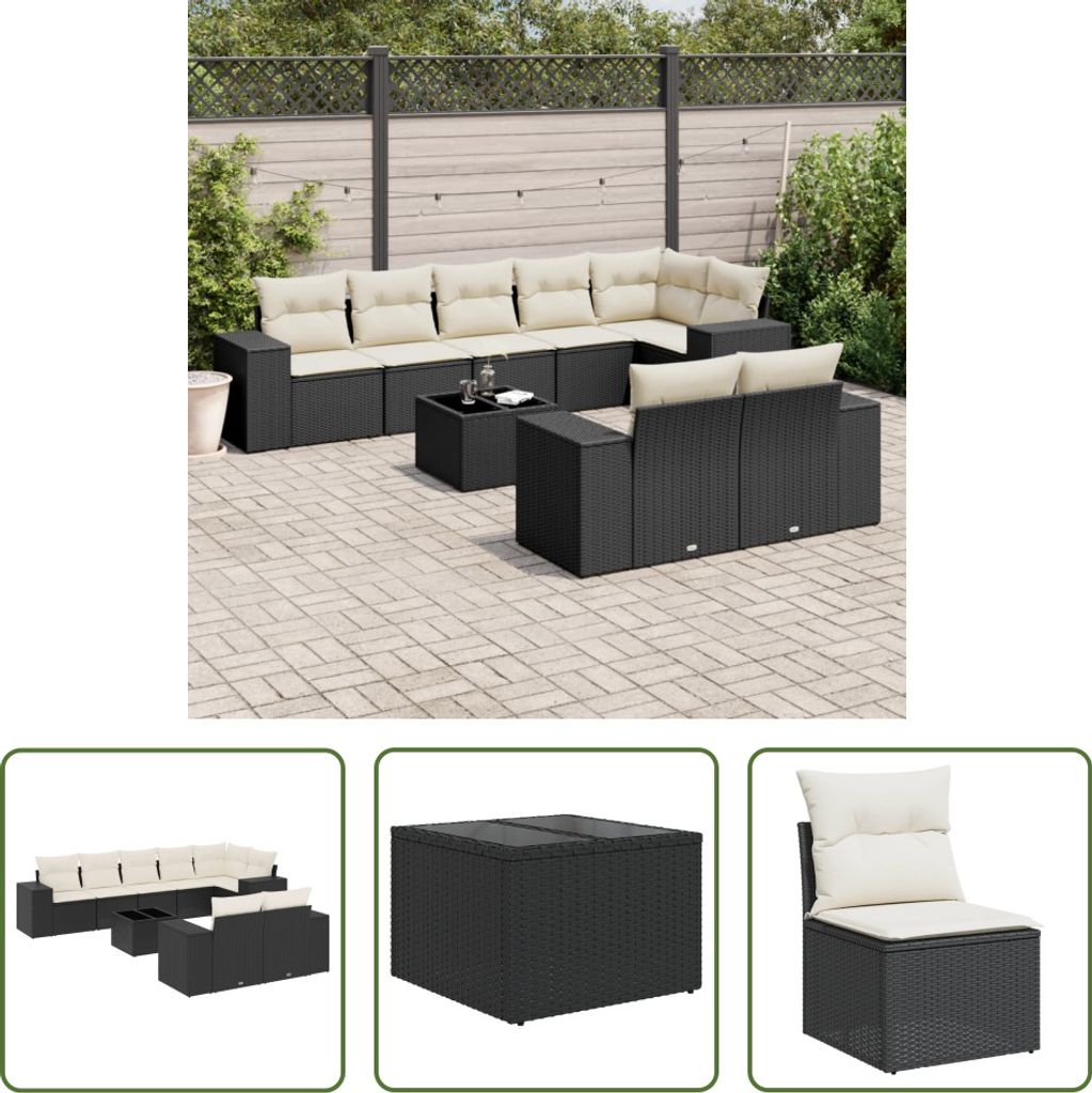 The Living Store 9-tlg. Garten-Sofagarnitur mit Kissen Schwarz Poly Rattan
