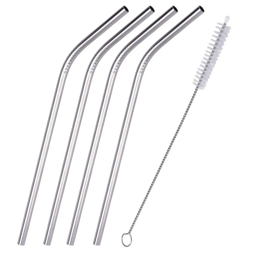 Pailles en métal classique en acier inoxydable argent - Lot de 4 avec goupillon