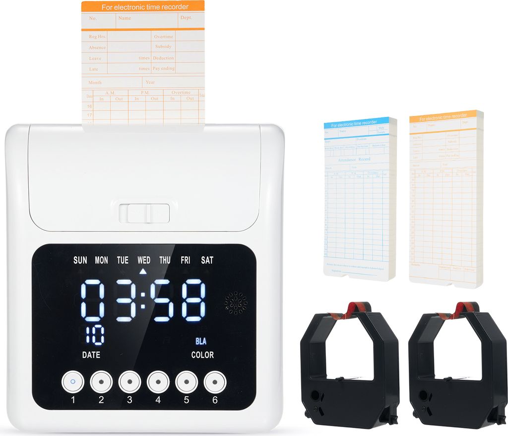 Elektronische Stempeluhr mit zus?tzlichen 100 Stš¹ck Zeitkarten, 2-seitig, monatlich und w?chentlich und 2 Stš¹ck Farbbandkassette, Mitarbeiter...