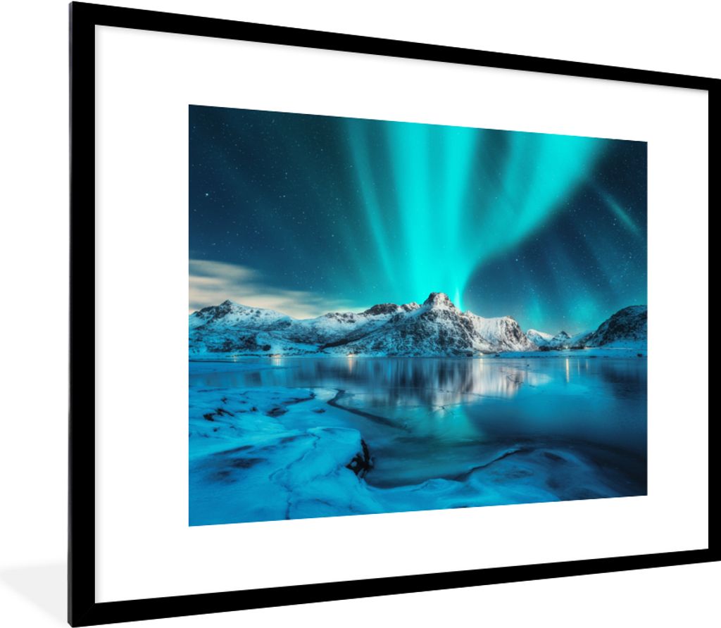 MuchoWow MuchoWow Gerahmtes Poster Nordlicht - Eis - Schnee - Norwegen - Blau - Berge 80x60 cm - Poster mit zchwarzem Bilderrahmen - Schlafzimm...