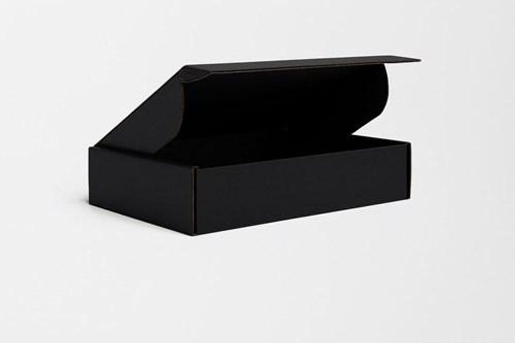 A black cardboard box with its lid open, shown against a white background.