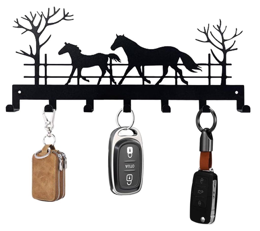 Schlüsselhalter aus Metall mit 7 Haken, schwarzer Wandorganizer, multifunktionale Haken für Flur, Büro, Küche (Pferd)