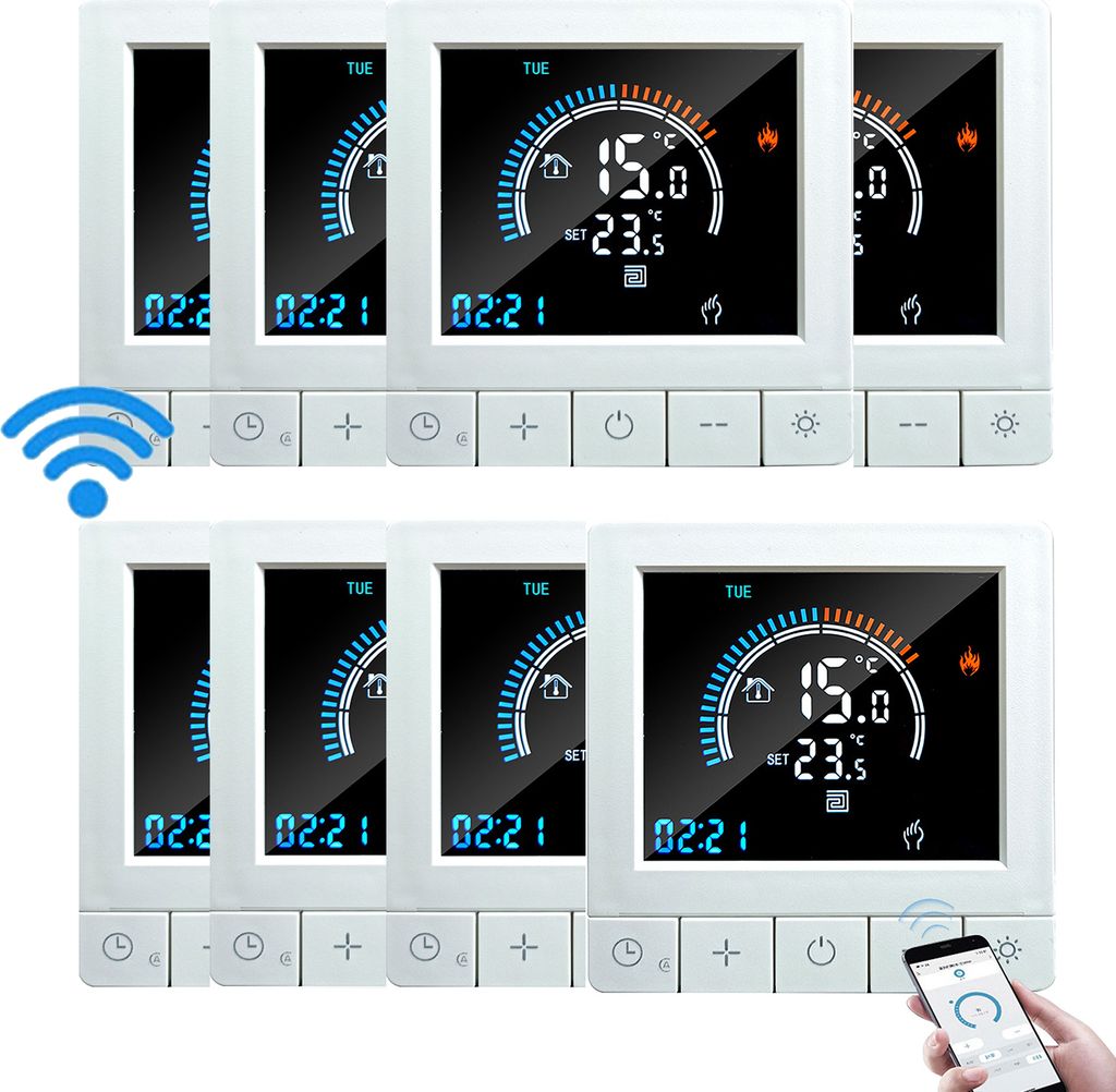 8X Programmierbarer digitaler Thermostat mit Kindersicherung, WiFi LCD Raumthermostat NTC-Sensor, 16A Elektroheizung, warmer Boden, Unterputz Fußb...