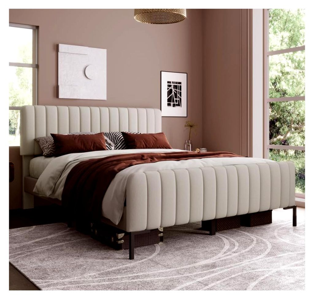 Polsterbett Doppelbett 180 x 200 cm, Bettgestell mit Lattenrost und verstellbarem Kopfteil, Lattenrost aus Holz, Leinen, gepolstertes Bett in Beige...