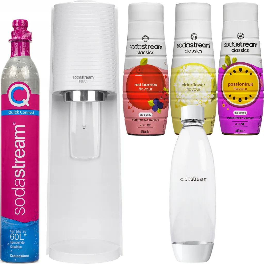 SodaStream Terra Bianco Set Completo con 3 Sciroppi e Bottiglia 1L