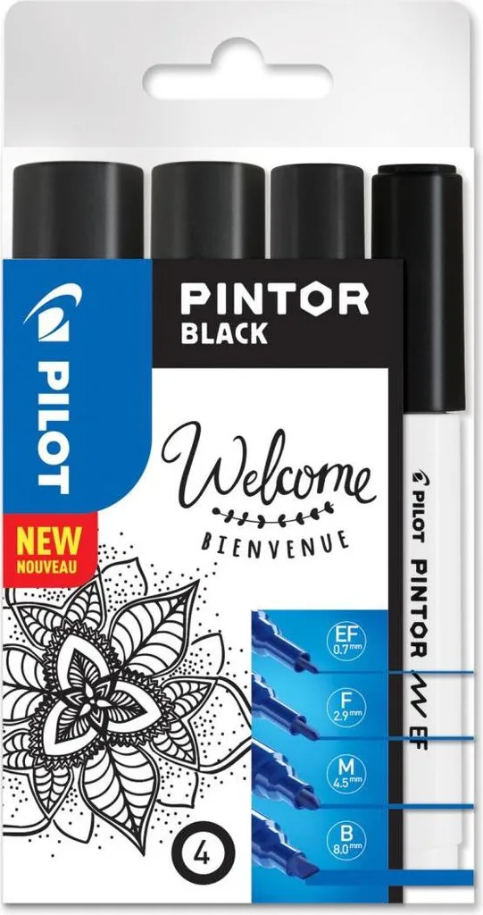Pilot Pintor 537519 Marcatore a Pigmenti | Set 4 Nero Punta M 1.4mm