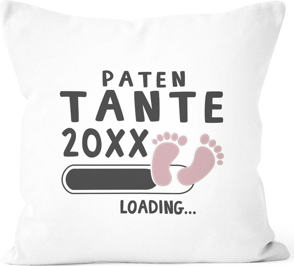 Kissen-Bezug Patentante 2023 loading Geschenk-Kissen für werdend Patentante Baumwolle Geschenk zur Geburt MoonWorks weiß-rosa unisize