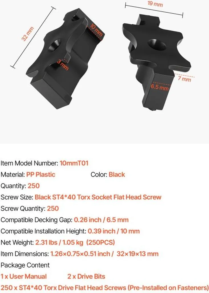 250x Elementi di fissaggio a scomparsa, distanziatori per tavole da decking, clip a T universali in materiale composito e elementi di fissaggio in plastica con viti - ideali per una distanza tra le tavole di 6,5 mm e un'altezza di 10 mm - 7
