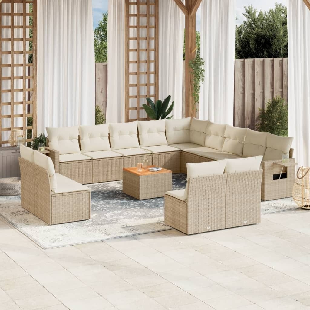 Design 14-tlg. Garten-Sofagarnitur mit Kissen Beige Poly Rattan, Gartenmöbel-Sets 2024 Neu