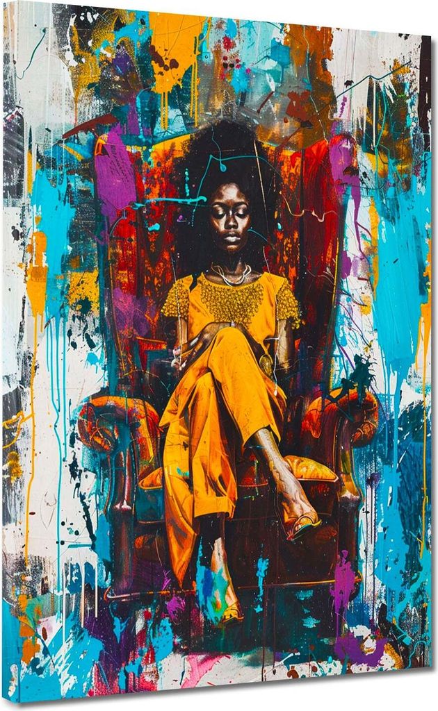 Pop Art afrikanische Frau im Sessel farbenfroh Leinwandbild Wandbild XL Wanddeko: 120x160x4cm