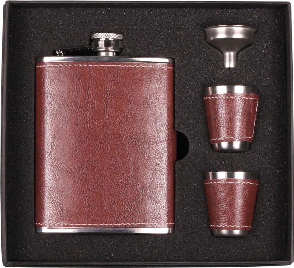 Hauser Flachmann-Set Lederoptik braun/chrom 210ml Fassungsvermögen mit 2 Bechern