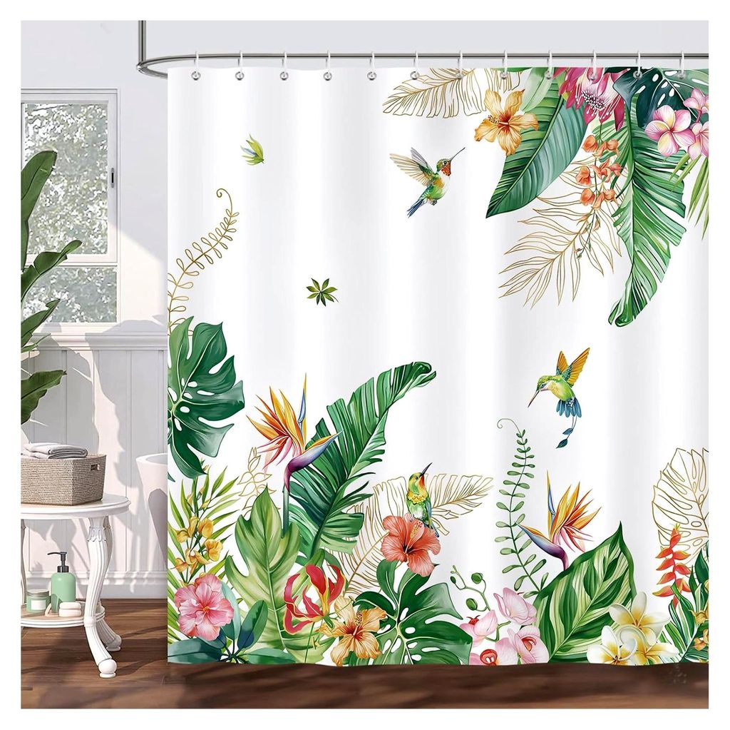 Duschvorhang mit tropischen Blättern, Blumen und Kolibris, 180 x 180 cm, wasserdicht und schimmelresistent
