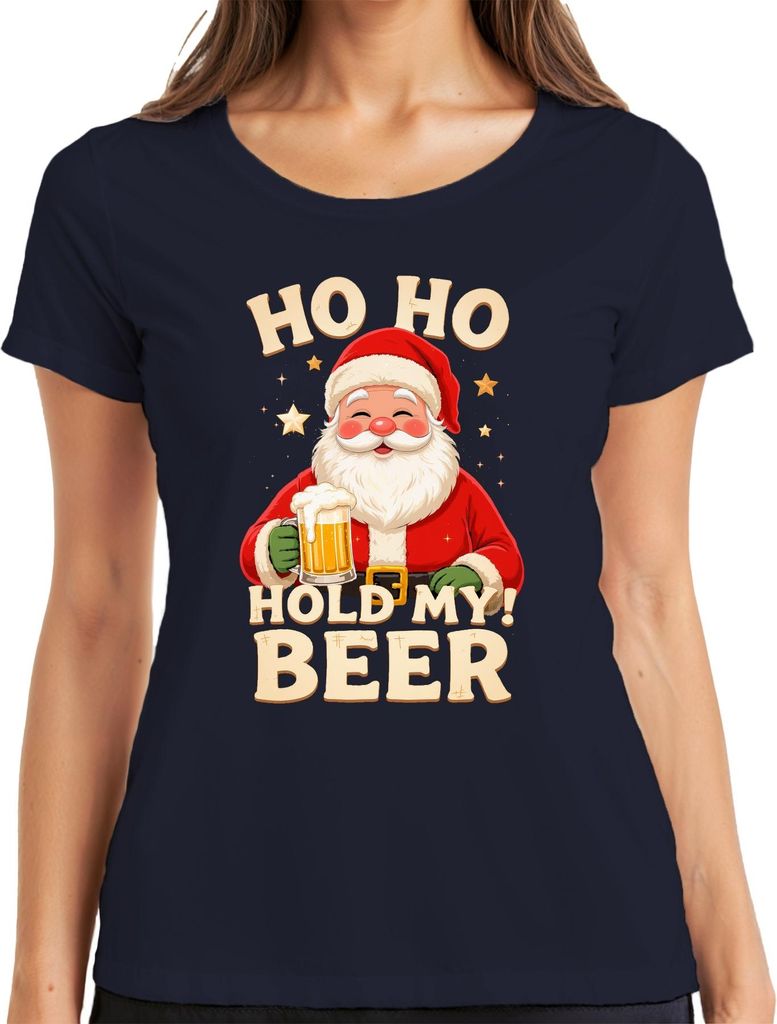 Ho Ho Hold My Beer Weihnachtsmann Bier Weihnachten Geschenk Damen T-Shirt, Navy, M