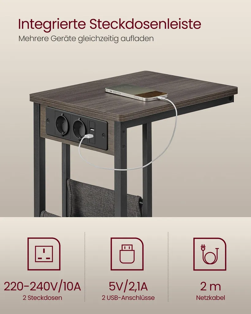 Table d'appoint C-Shape brun érable avec bloc de 2 prises de courant 220V