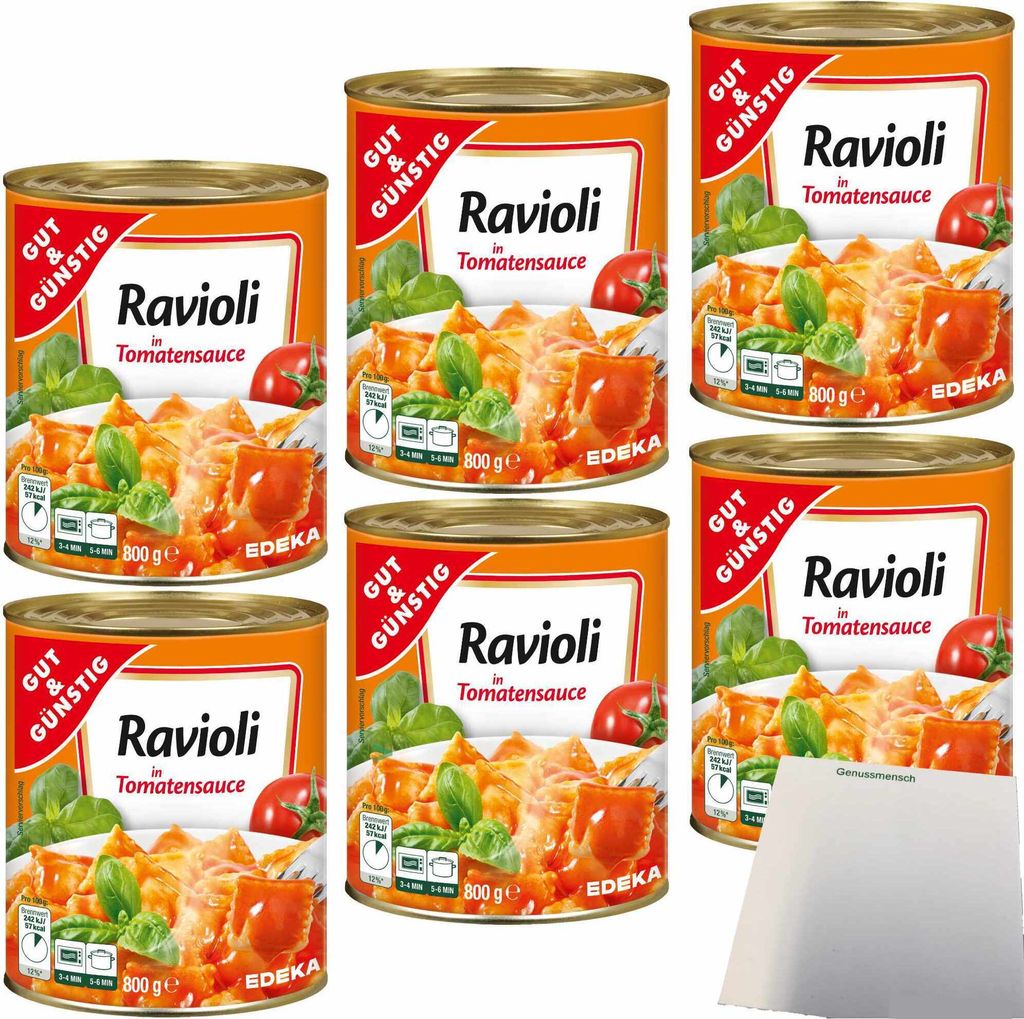 Gut & Günstig Ravioli in Tomatensauce gefüllte Teigtaschen mit fleischhaltiger Füllung 6er Pack (6x800g Dose) + usy Block