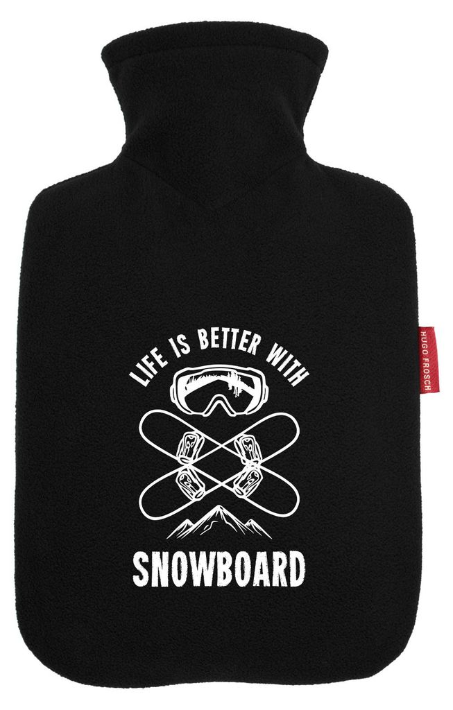 Huuraa Wärmflasche Snowboard life is better 1,8 Liter Black Classic Veloursbezug Bettflasche Geschenkidee