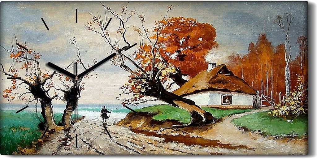 Wandkunst Leinwand Bild Uhr 60x30 Malerei Abstrakte Hütte Dorfbewohner Baum - schwarze Hände