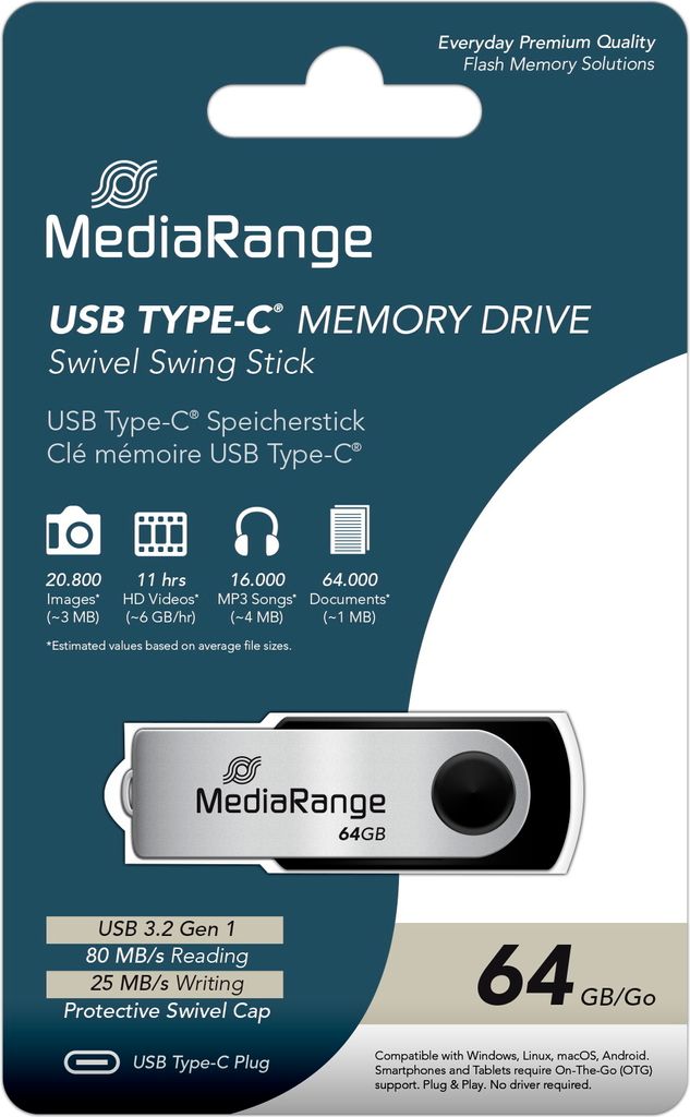 MediaRange MR1953, 64 GB, USB Typ-C, 3.2 Gen 1 (3.1 Gen 1), Produktbild 