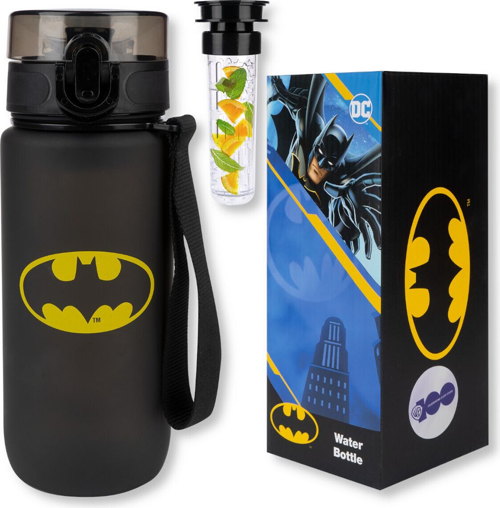 Große FLASCHE mit Fruchteinsatz BATMAN WASSERFLASCHE von SOXO Fahrradflasche BPA Free Tritan 600ml
