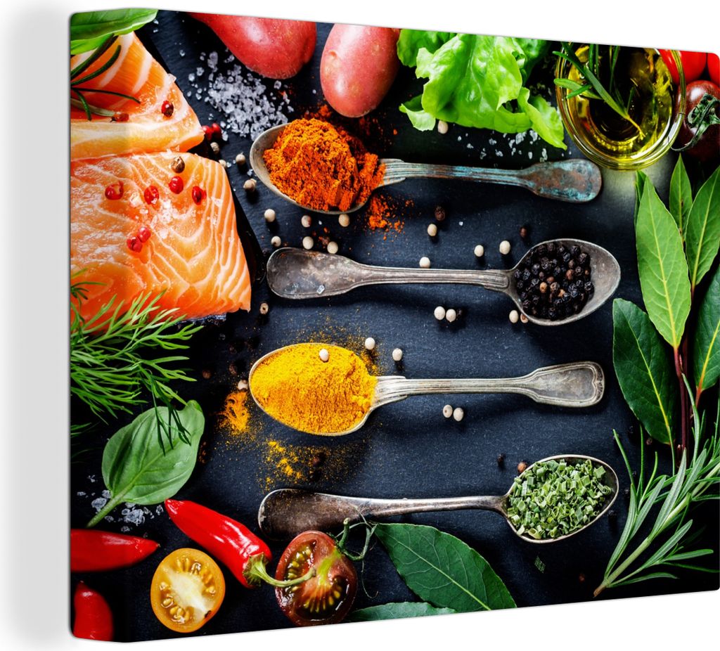 MuchoWow - Leinwandbilder - Kräuter - Löffel - Küche - Gewürze, Wandbild, Wanddeko Bilder Wohnzimmer, 80x60 cm