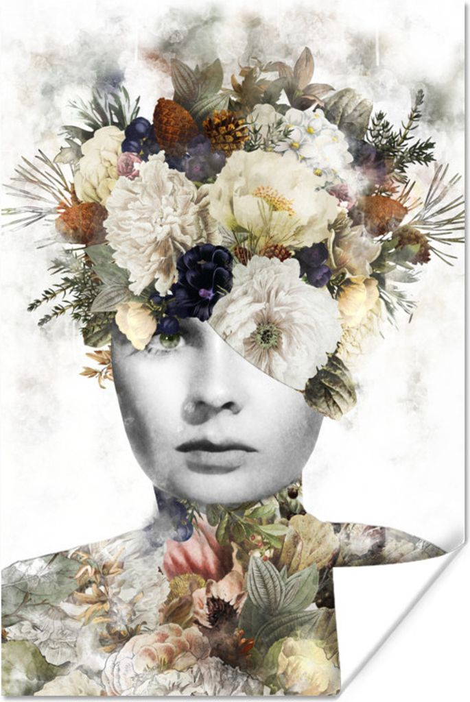 MuchoWow Poster Blumen - Frau - Scherben 80x120 cm - Papierdruck