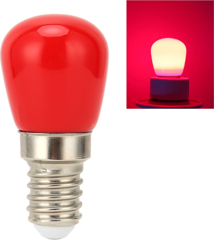 A red LED light bulb is shown on a white background, with a smaller inset image showing the bulb lit up in red.