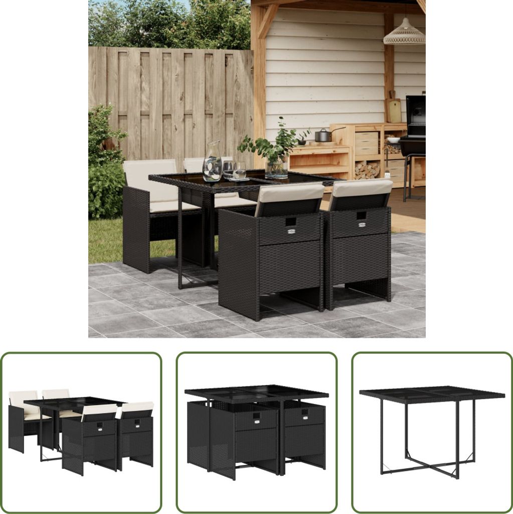 The Living Store 5-tlg. Garten-Essgruppe mit Kissen Schwarz Poly Rattan
