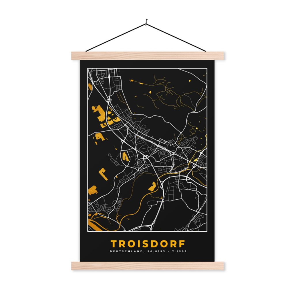 MuchoWow Textilposter Stadtplan - Karte - Deutschland - Troisdorf - Karte 40x60 cm mit holzfarbenen Rahmen - Poster